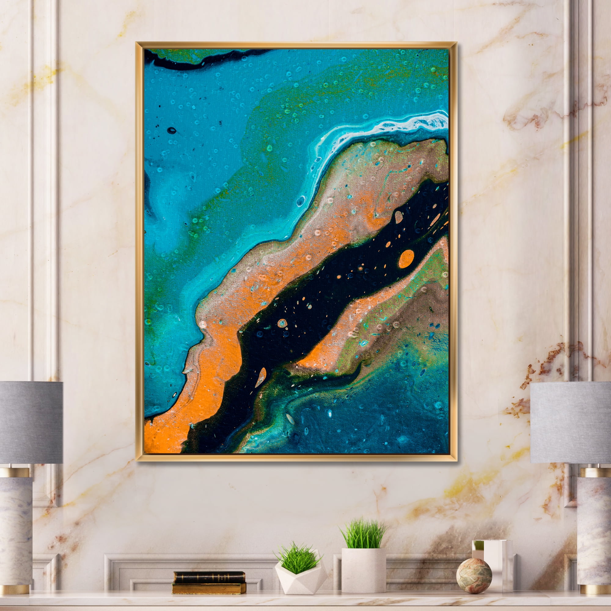 Designart 'Abstract Marble Composition In Orange and Blue II' Modern Framed Canvas Wall Art Print