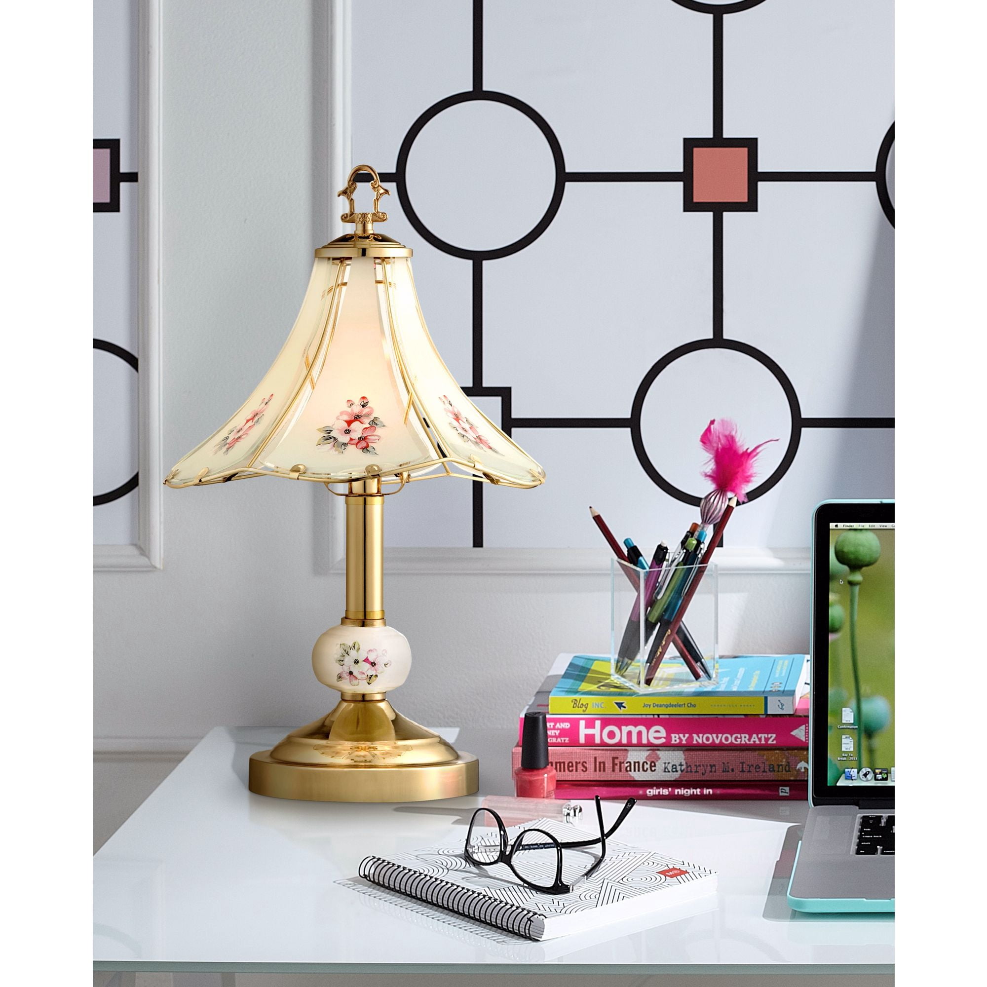 Regency Hill Traditional Accent Table Lamp 16" High Polished Brass Floral Glass Shade Touch On Off for Bedroom House Bedside Home
