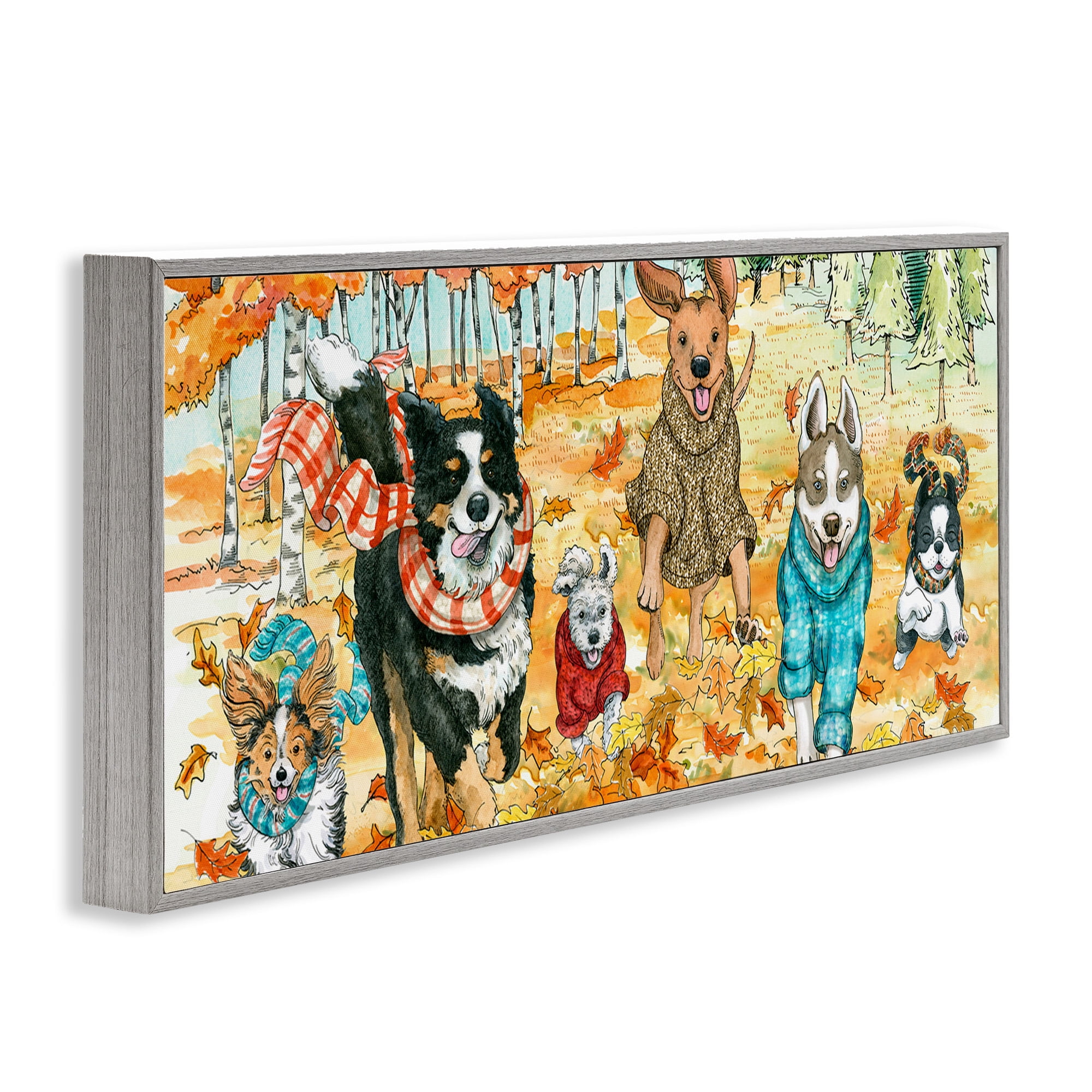 Stupell Industries Autumn Dog Park Animals Running Animals & Insects Painting Gray Framed Art Print Wall Art, 24 x 10