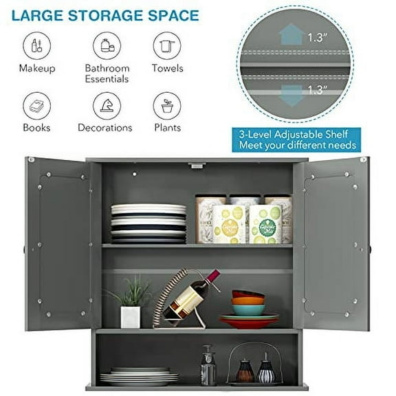 DORTALA Mirrored Bathroom Cabinet, Wall Mounted Medicine Cabinet w/Double Mirror Doors & Adjustable Shelf, Multipurpose Storage Cabinet Home Organizer, Grey