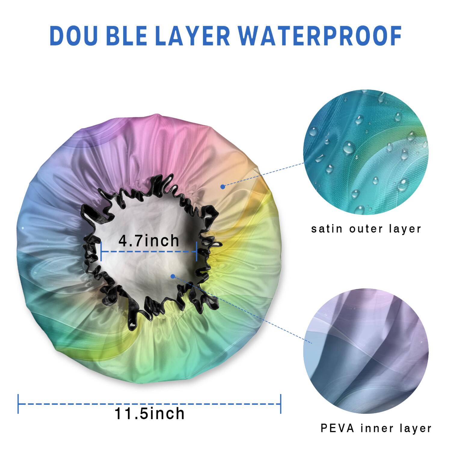 Shower Caps,Rainbow Tie Dye Swirl Pattern Waterproof Shower Cap for Women 4 Pieces,Double Reusable Hair Cover for Shower PEVA Elastic Stretch Hem
