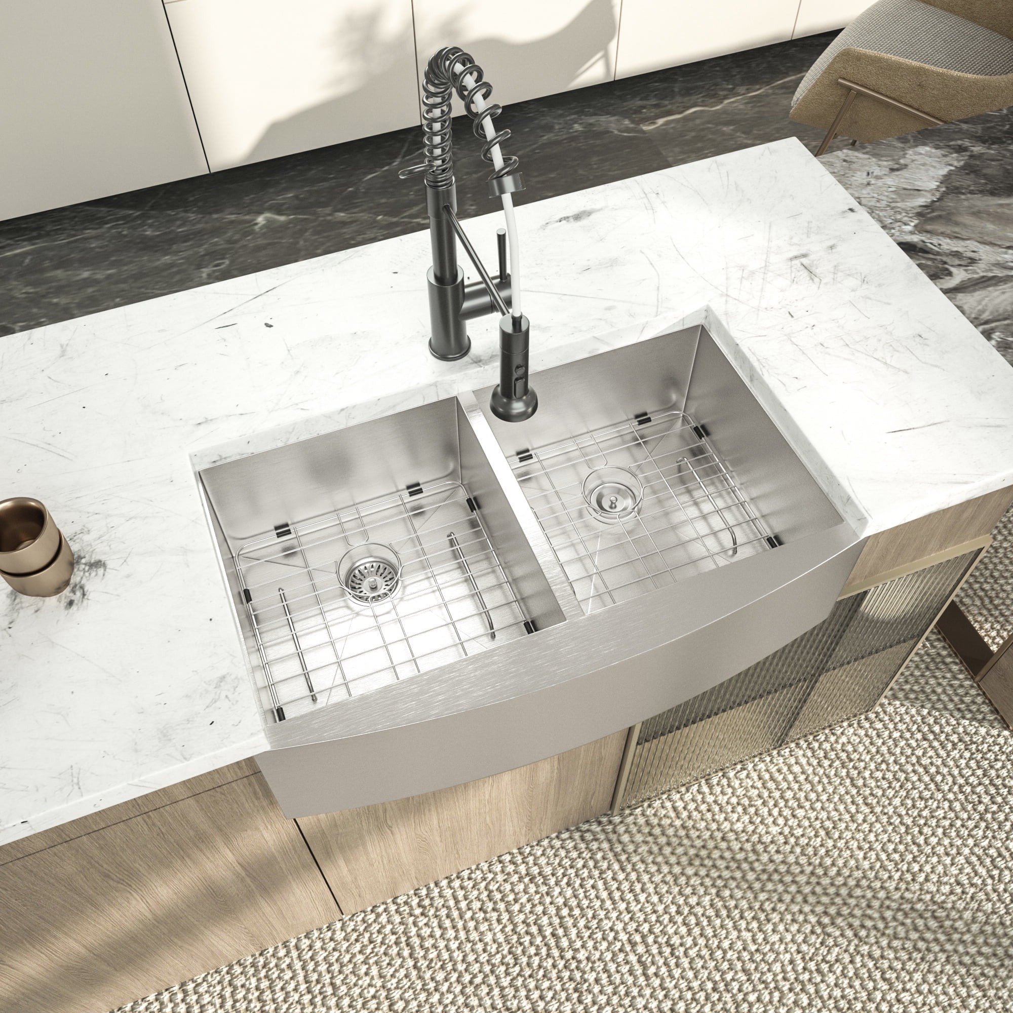 Logmey 33"Lx20"W Double Bowl Farmhouse Kitchen Sink  Stainless Steel Sink with Strainer