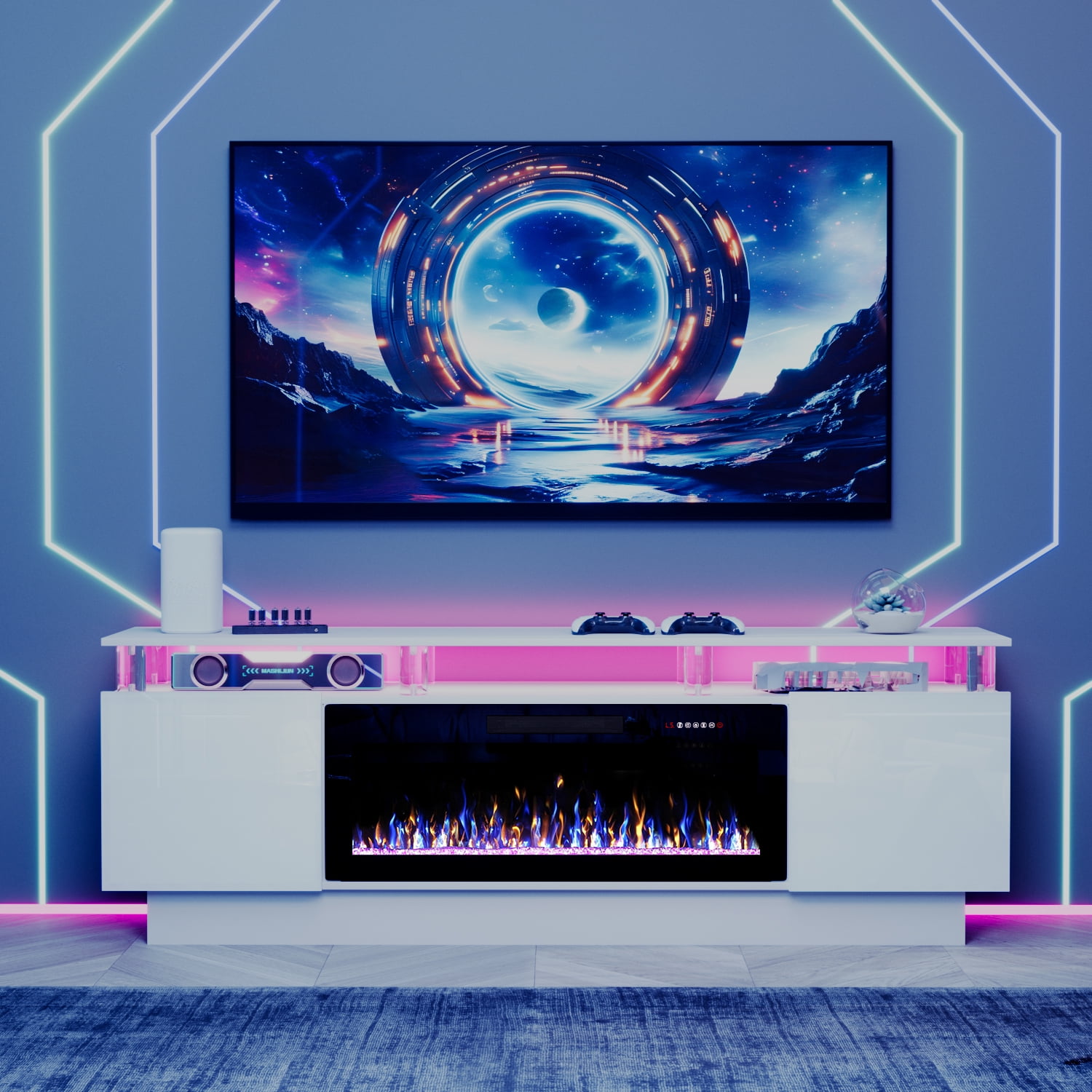 Waleaf 70" Fireplace TV Stand with Glowing Acrylic Pillars, 36" Electric Fireplace for TVs Up to 80", High Gloss Entertainment Center with 20-Color LED Lights, White