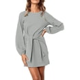 thumbnail image 1 of Vestido corto elegante de manga farol para mujer, cuello redondo, cintura con lazo, vestido de cóctel de punto Ormromra  WRMH-217-15, 1 of 4