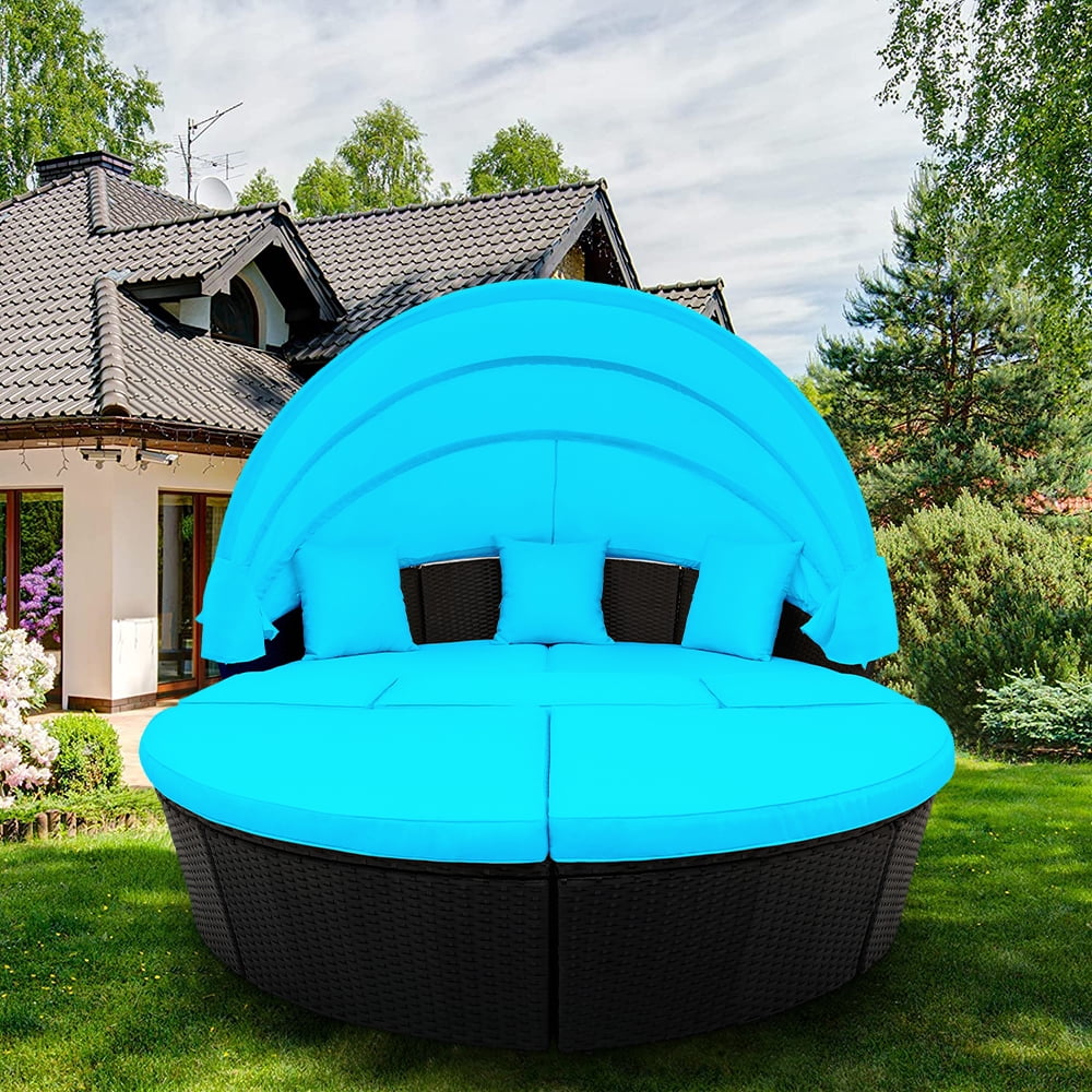 Outdoor Wicker Furniture Sets, 7 Piece Patio Round Wicker Daybed with