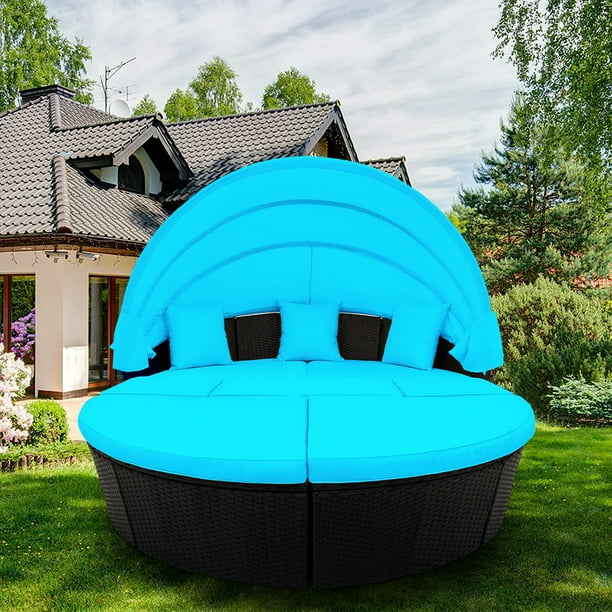 Outdoor Wicker Furniture Sets, 7 Piece Patio Round Wicker Daybed with