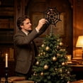 thumbnail image 2 of Gothic Metal Black Web LED Halloween Lighted Tree Topper, Decorative Spooky Focal Point Holiday Tree Ornament, Festive Halloween Tree Decor Topper Light For Decoration, 2 of 8