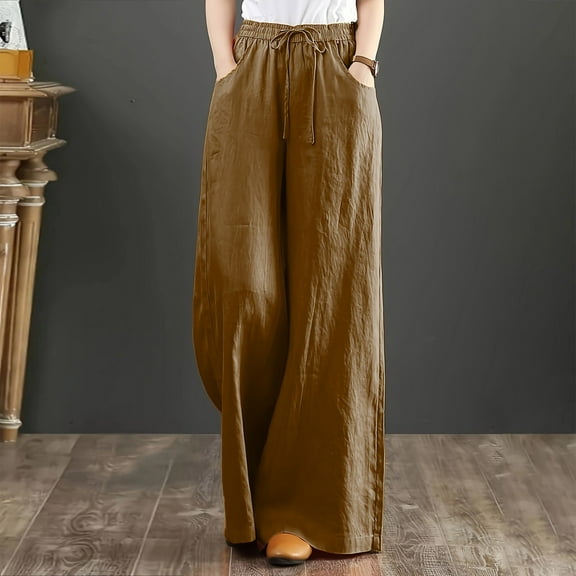 Women's Plus Capri Pants for Women Dressy Casual Petite Women Solid Pants High Waisted Wide Leg Pants Fashion Drawstring Elastic Trousers Comfy Straight Leg Long Pants