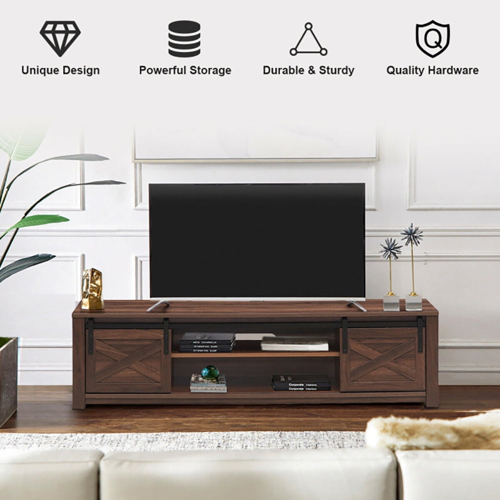 Finihen TV Stand, TV Cabinet, 65 Inch Flat Sliding Barn Door TV Stand, Media Entertainment Center with Storage, for Living Room, Bedroom, Walnut
