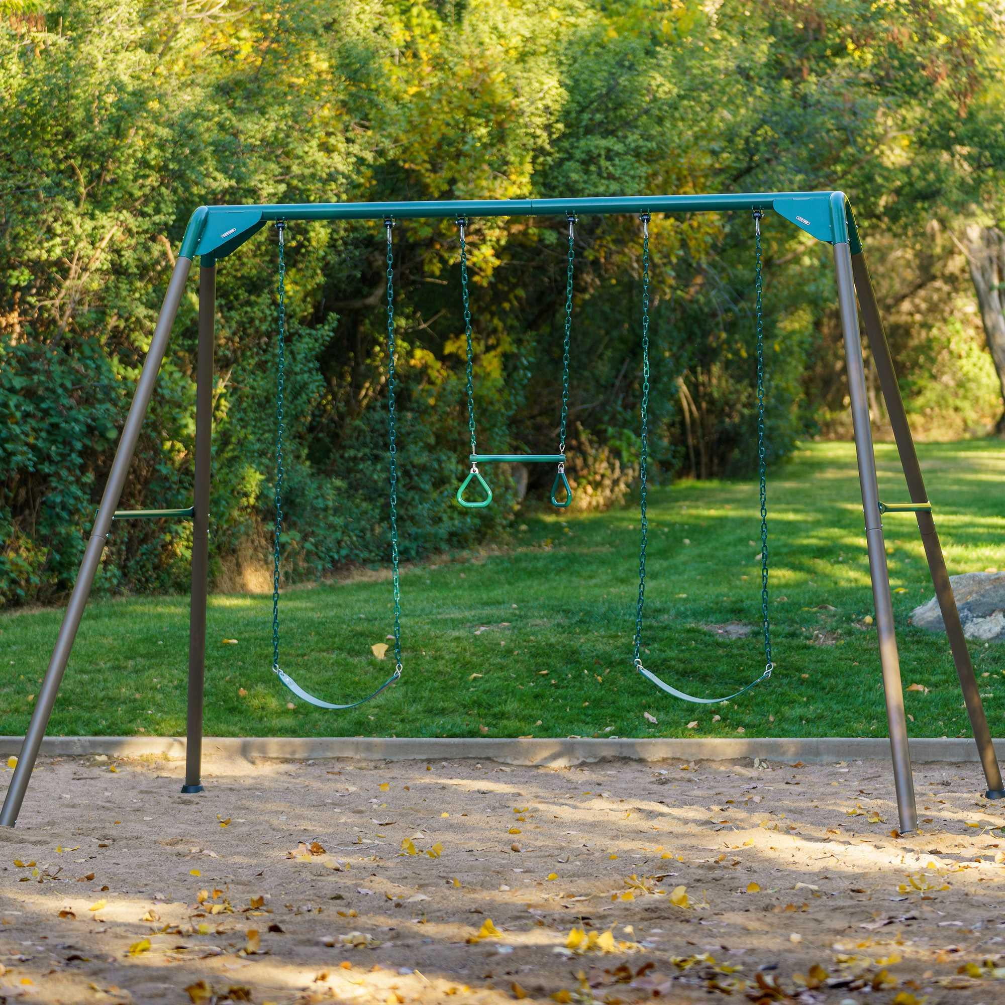 Lifetime Kid's Metal Swing Set with 2 Belt Swings and Trapeze Bar - 9 feet (91137)