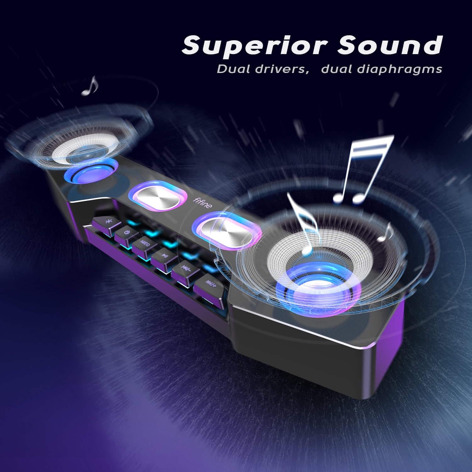 FIFINE Wireless Bluetooth Speakers for PC Computer, iPhone, RGB Gaming Soundbar with RGB, Volume Control, 3.5mm Mic Jack for Singing, Party