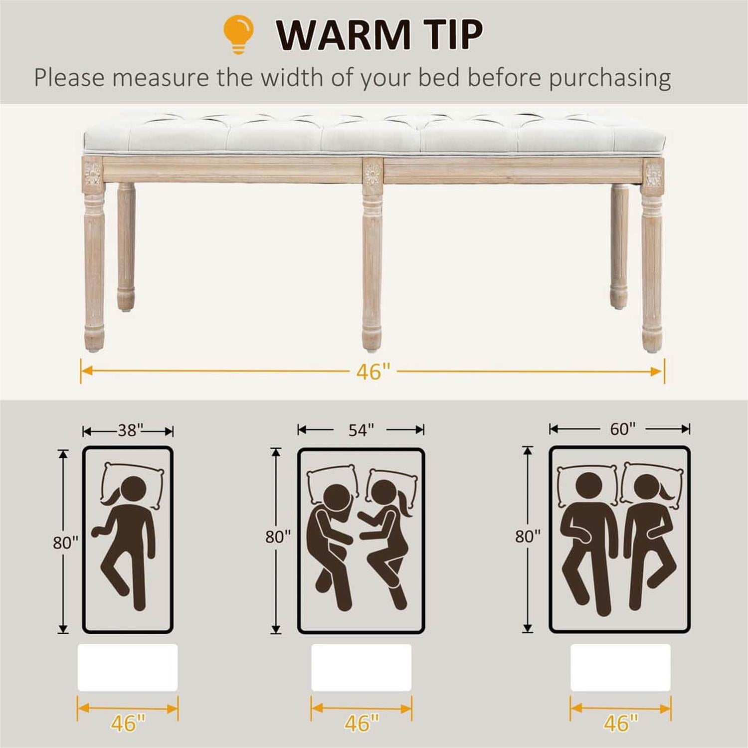 Demi Bonn 46" Luxe Linen Upholstered Bench, Thick Cushioned End of Bed Bench with Wooden Legs for Bedroom Seating, White