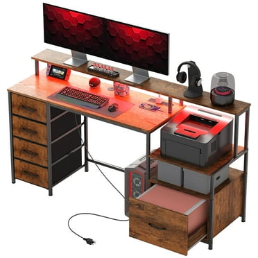 67" Computer Desk Home Office Desk with File Cabinet Lights Rustic Brown