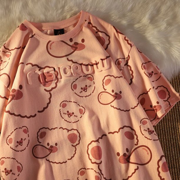 Verano nuevo estilo marea nacional estampado completo oso de dibujos animados Kawaii camiseta de manga corta mujer Retro suelta Harajuku Casual de gran tamaño Tan Jianjun unisex