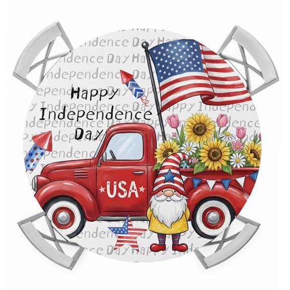 Happy Independence Day Round Table Cover, Red Truck Patriotic Gnome Fireworks Waterproof Fitted Tablecloths for 55"-60" Tables, Washable Picnic Table Cover for Camping Dining Indoor Outdoor