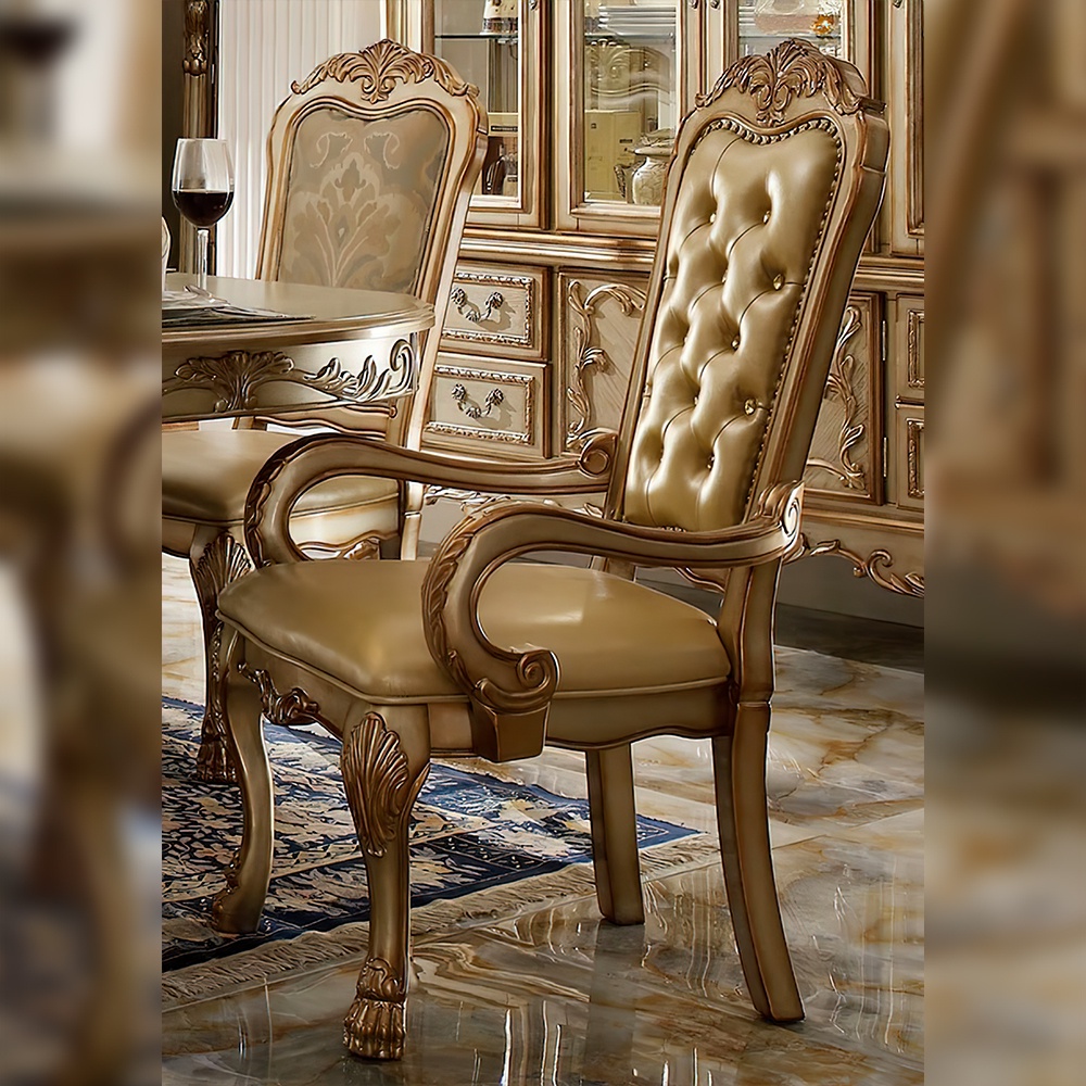 ACME Dresden Arm Chair in Bone Synthetic Leather & Gold Patina (Set-2)