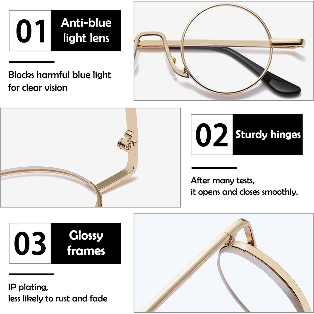 KOOSUFA Small Round Metal Reading Glasses 2.50 Blue Light Blocking Women Men Retro Eyeglasses Readers Eyewear Gold