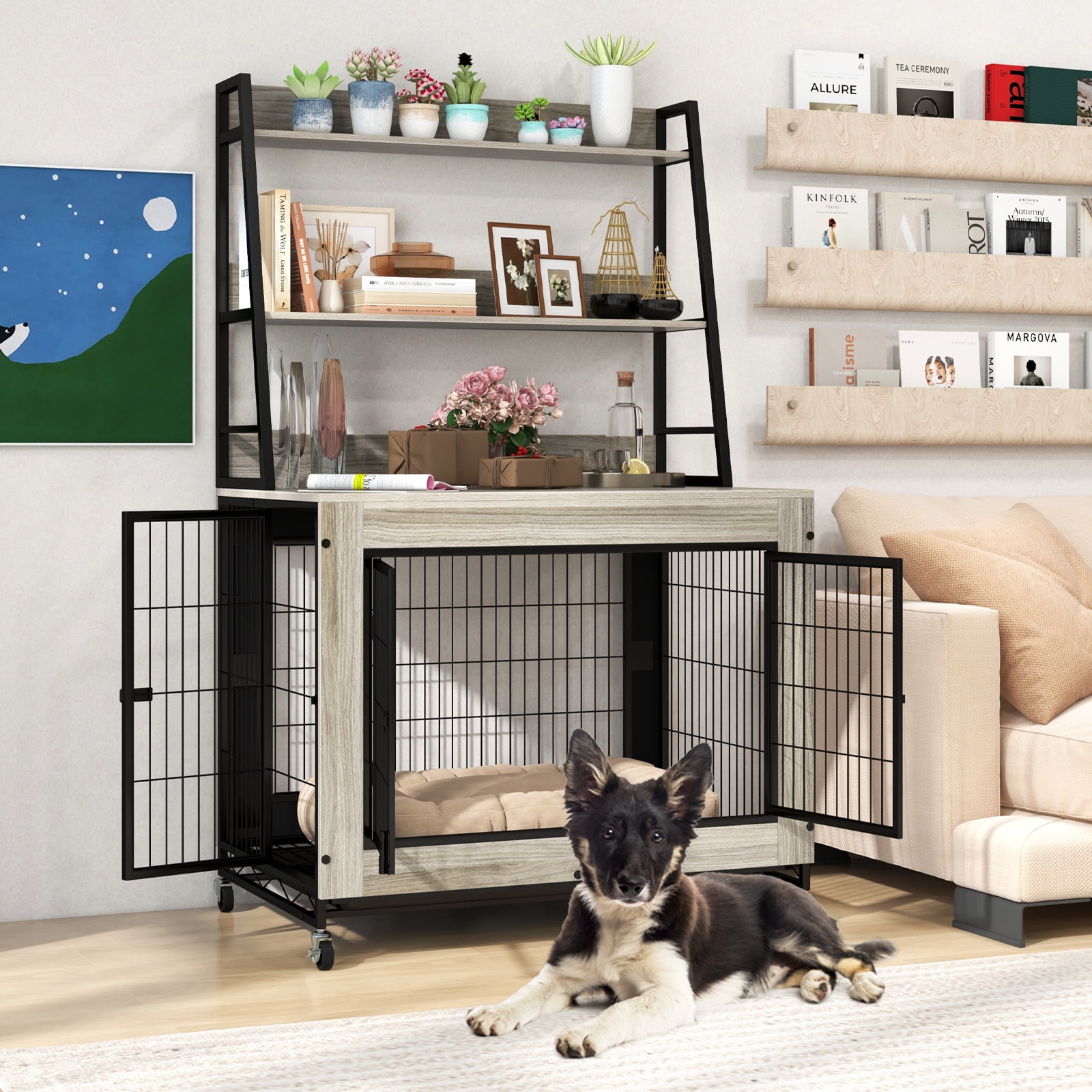 Gymax Dog Crate Furniture w/ Storage Shelves Industrial Dog Kennel w/ Flip-up Top Gray