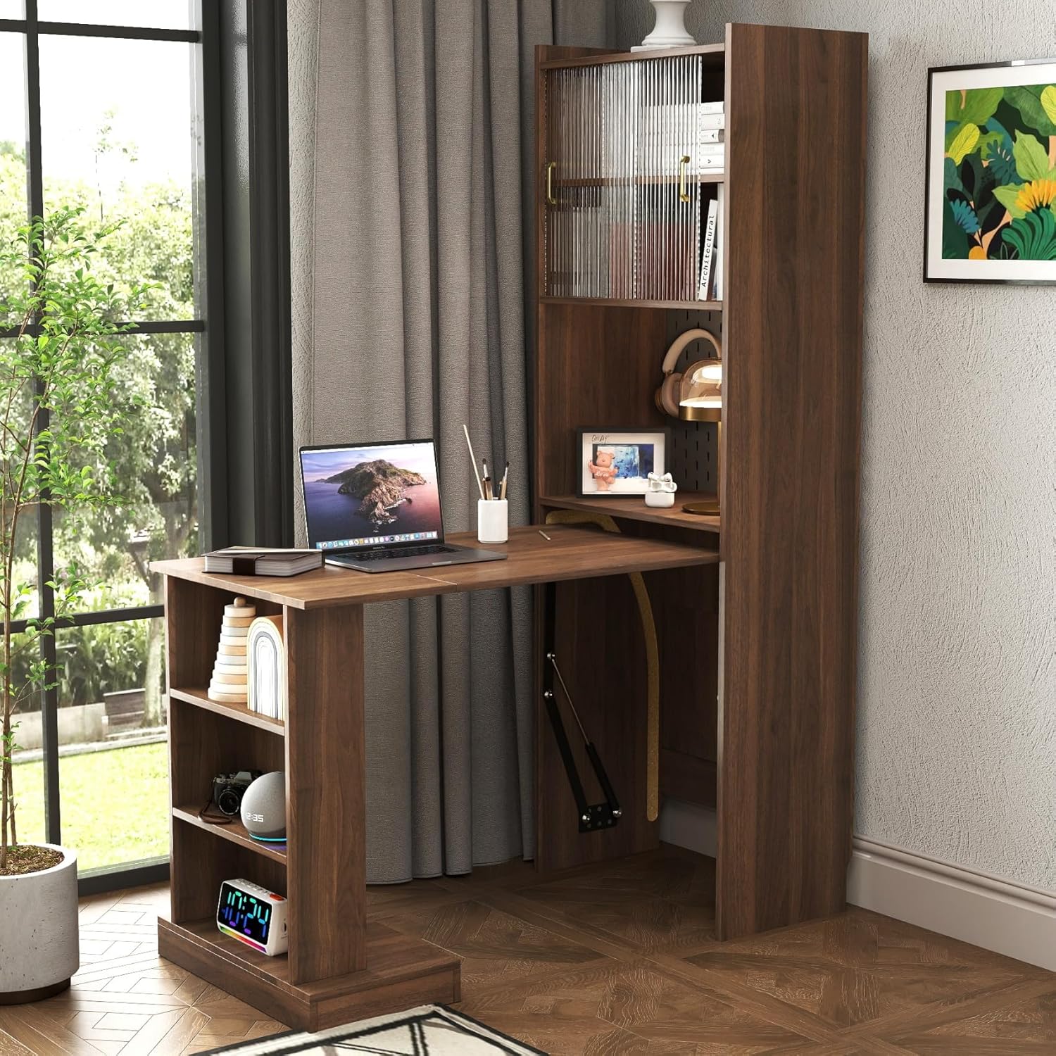 I Folding Home Office Desks with Pegboard, Glass Doors, Bookshelf & Storage Shelves, Modern Wooden Computer Table Workstation for Work, Study, Writin