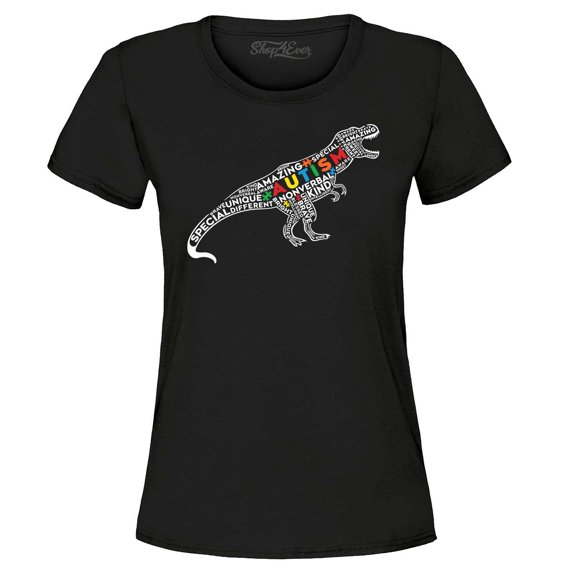 Shop4Ever Women's Autism Awareness Dinosaur Word Cloud Graphic T-Shirt XXX-Large Black