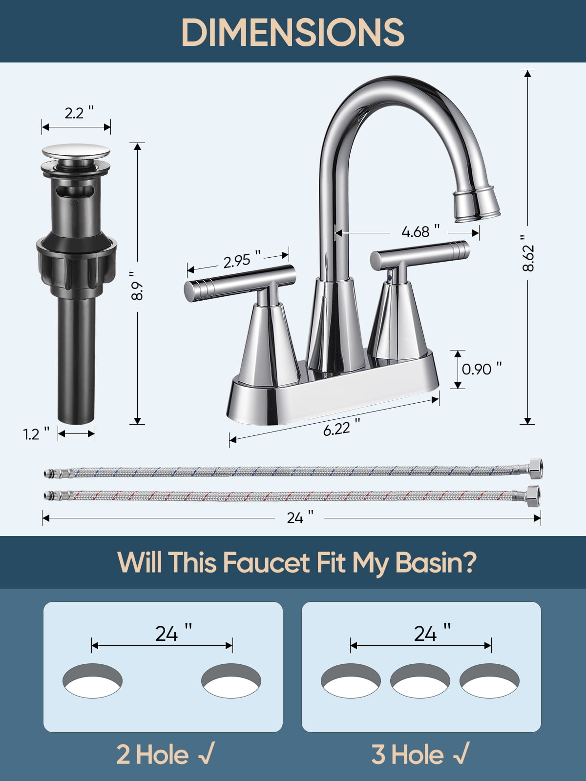 4-inch Bathroom Faucet with Pop up Drain and Two Supply Hoses, Lead-Free Stainless Steel 2-Handle Centerset Faucet for Vanity, RV Chrome