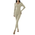 thumbnail image 2 of SnZhen Thermal Underwear Set for Women Elastic Comfort V-neck Solid Color Long Sleeves Warm Suits Tight Pajama Set B-Beige Free Size, 2 of 5