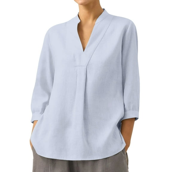 yunLCZ Casual Tops Everyday Low Price Linen Shirt For Women Summer Cotton And Linen V Neck 3/4 Sleeve Top Loose Holiday Beach Shirt Tunic Top workout form-fitting T-shirts women
