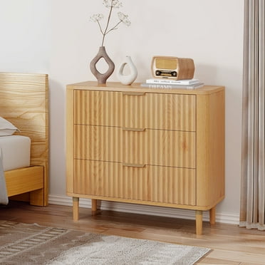 Dextrus Fluted 3-Drawer Dresser, Chest of Drawers Wood Storage Cabinet for Bedroom Living Room, Oak