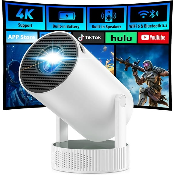 CAMPARK Mini Projector, Projector with Wifi and Bluetooth Built-in Battery 4K Portable Projector for Outdoor Bedroom, Smart Projectors 1080P Compatible with iphone/TV Stick/HDMI/Laptop