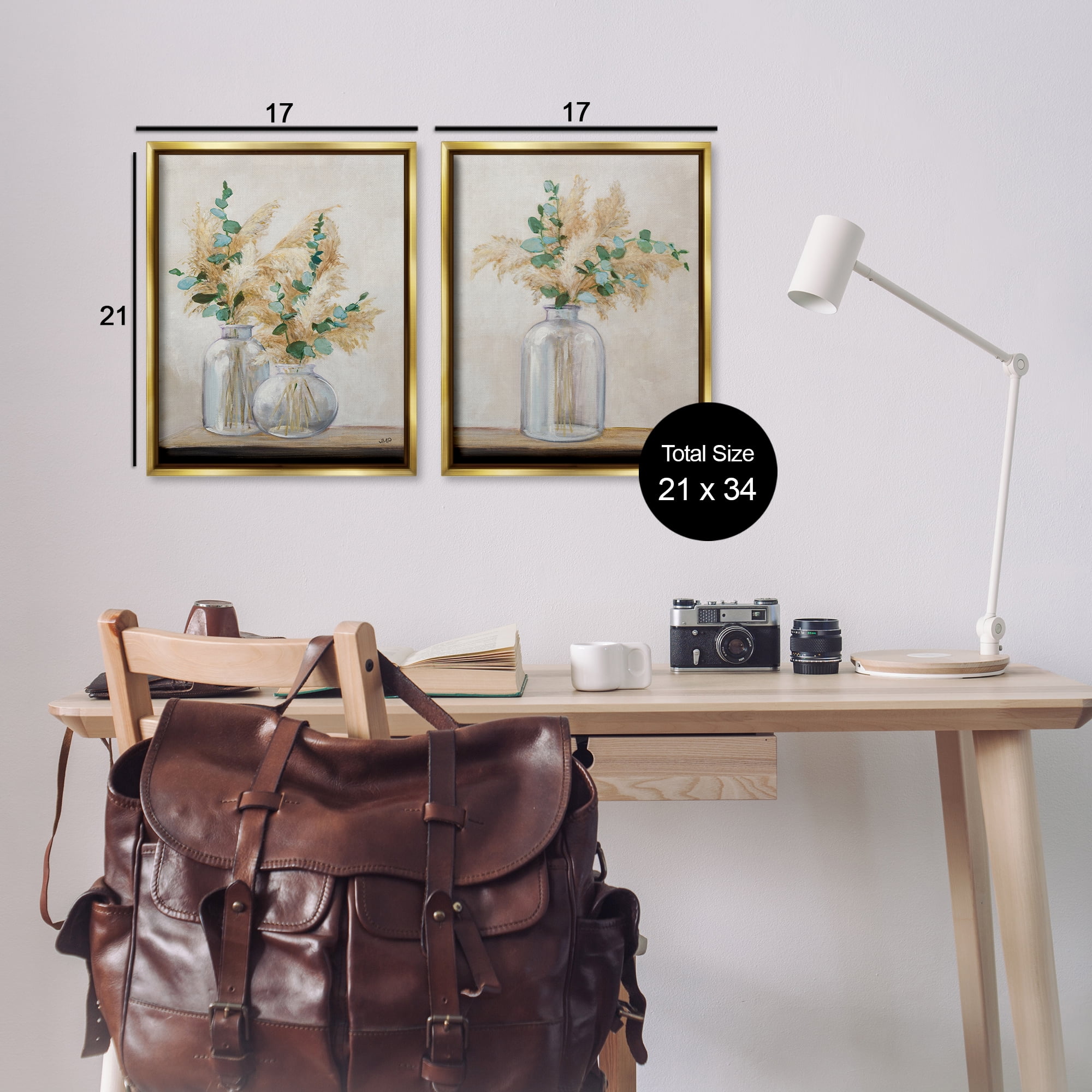 Stupell Industries Pampas Eucalyptus Bouquet Plants & Flowers Painting Gold Floater Framed Canvas Art Print Wall Art, 17 x 21, Set of 2
