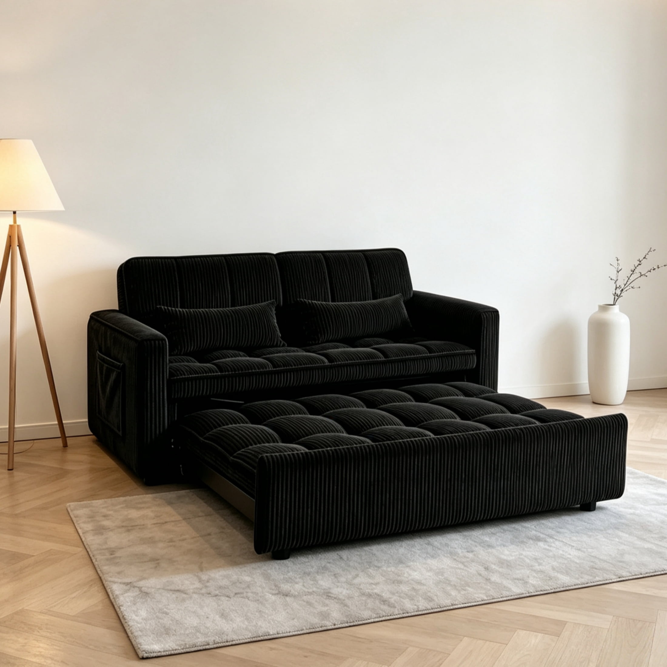 Anpport 55" Striped Corduroy Loveseat, Convertible Sleeper Sofa Bed for Small Spaces, Black