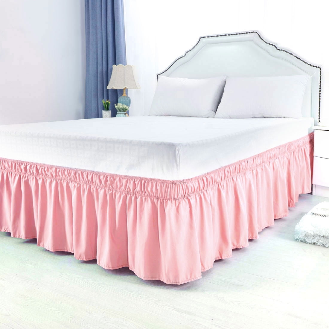 Unique Bargains Elastic Dust Ruffled Bed Skirt with 15" Drop Twin Light Pink