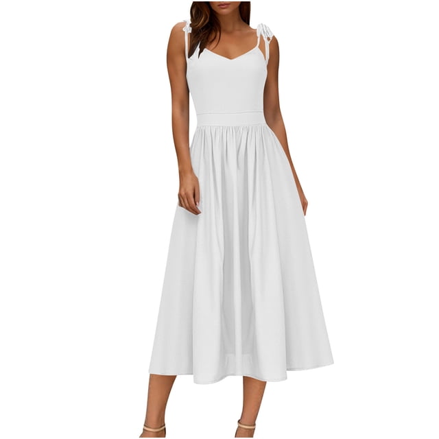 Htigea Robes en Coton et Lin pour Femmes Élégantes Robe Maxi à Bretelles Spaghetti Dos Nu Plissée Fluide de Plage Blanche,m