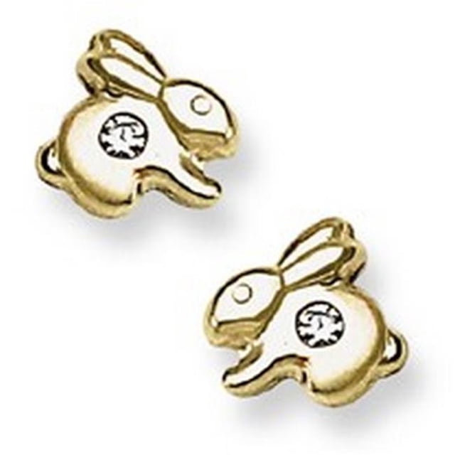 Boucles d'Oreilles Clous pour Bébé en Or Jaune 14 K avec Lapin d'Accent CZ