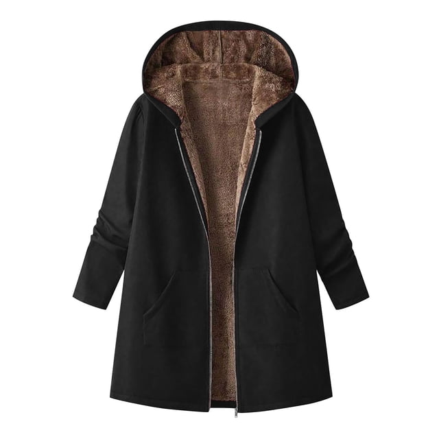 HAiming Womens Fleece Lined Long Hooded Jacket Oversized Zip up Coat Fall Winter Trendy Tops with Pockets