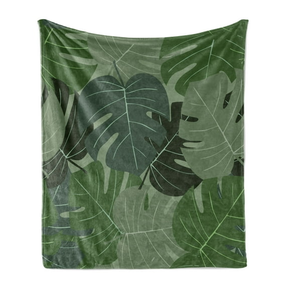 Forest Green Soft Flannel Fleece Throw Blanket, Camouflage Pattern of Palm Leaves Tropical Nature Themed Foliage, Cozy Plush for Indoor and Outdoor Use, 70" x 90", Sage Green Pale Green, by Ambesonne