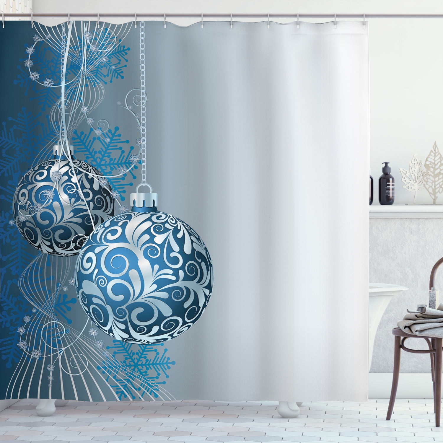 150x180cm Waterproof  Christmas Balls Snowflake Shower Curtain Bathroom Bathmat 