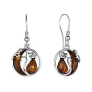 Genuine Baltic Amber Cat and Moon Earrings Fishhook in Sterling Silver