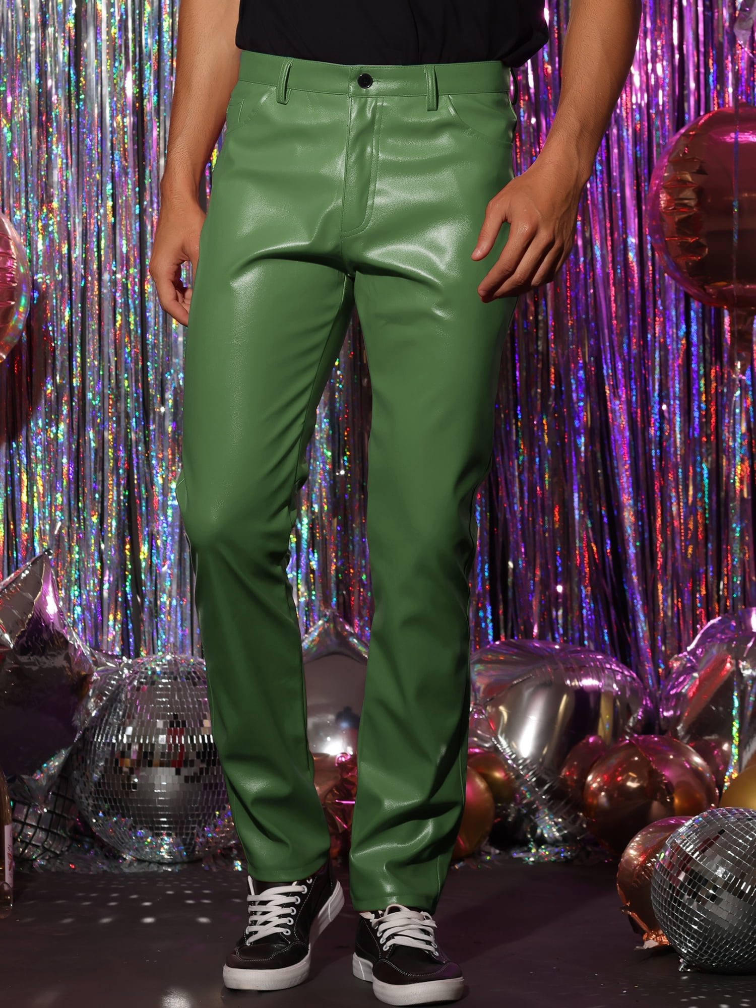 Unique Bargains Men's Faux Leather Pants Slim Fit Solid Nightclub Disco Trousers 36 Green