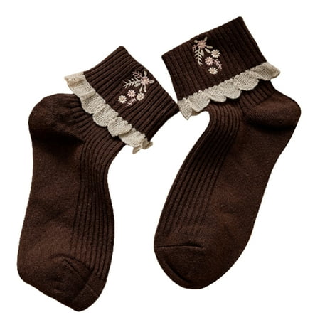 

Women Frilly Warm Ankle Socks With Folded Cuff Ankle Cotton Socks Ladies Girl Princess Cotton Crew Socks Coffee