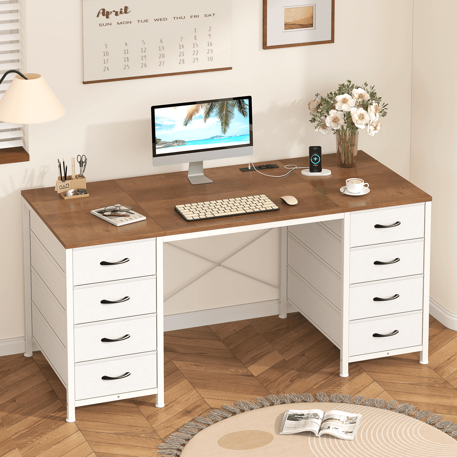 50 Inch Computer Desk with 8 Drawers, Home Office Desk with Power Outlets, Work Study Gaming Desk with 8 Fabric Drawers, Brown and White