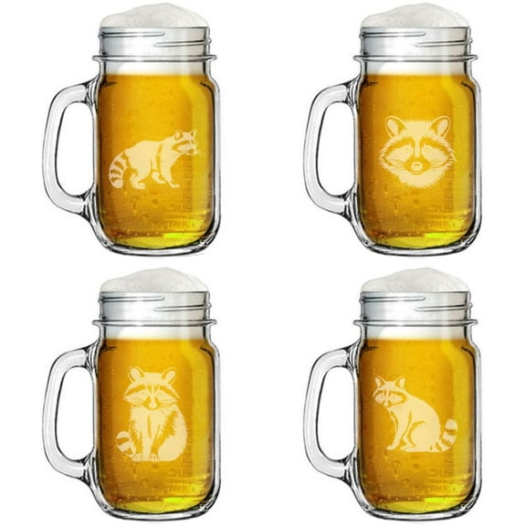 16oz Mason Jar Glass Mug w/Handle Gift Set of 4 Raccoon Collection