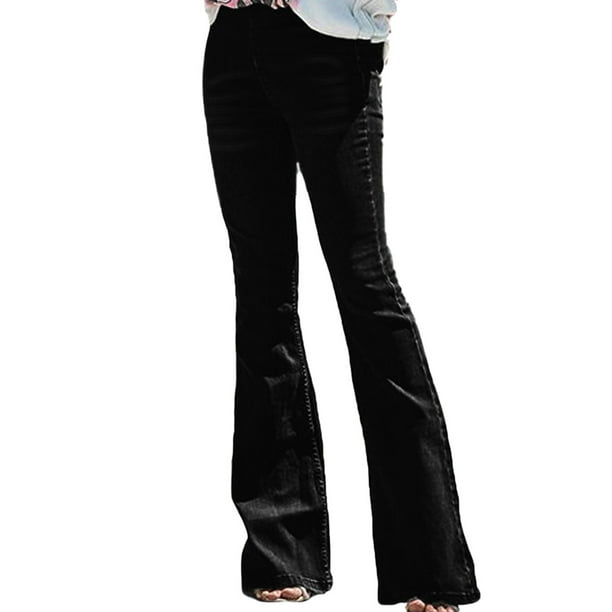 Daeful Women Trousers Zipper Flare Bell Bottoms Work Button Fashion Jeans  Black M 