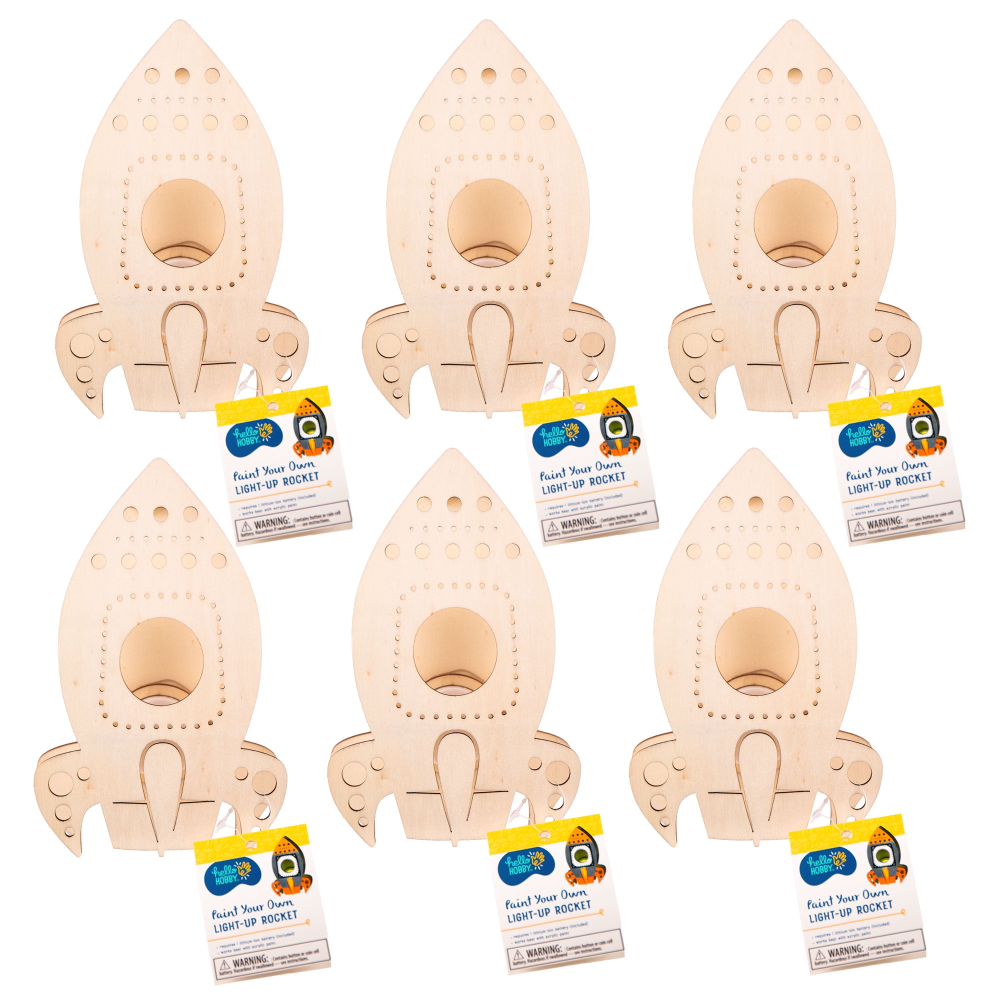 Hello Hobby Paint Your Own Wooden Light-up Rockets, 6 Rockets With Tea Lights & Batteries