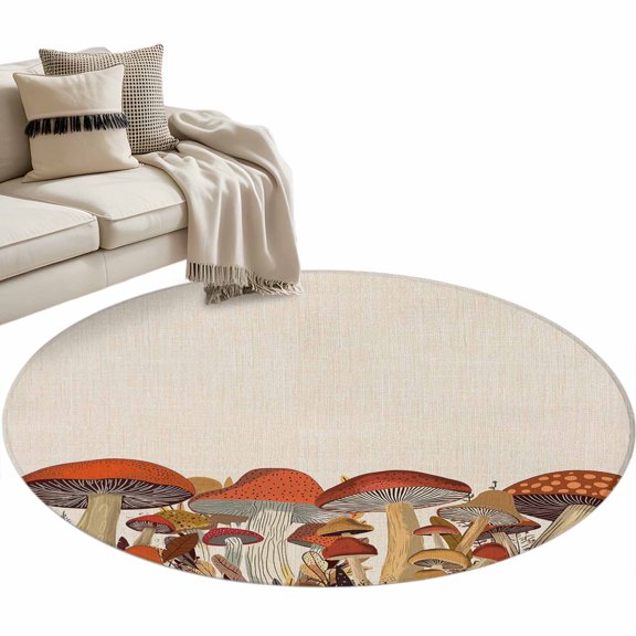 Fall Mushroom Round Area Rug 4 FT, Non Slip Indoor Outdoor Rug, Thanksgiving Botanical Farmhouse Burlap Washable Soft Circular Carpet Non-Shedding Floor Mat for Coffee Table Nursery Foyer Balcony
