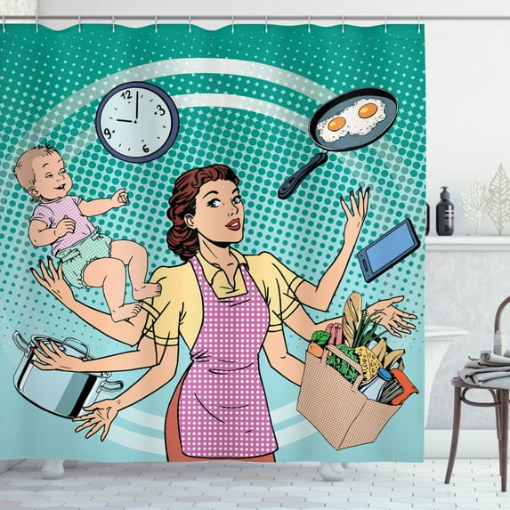Wife Shower Curtain, Pop Art Comic Busy Woman Plans the Time and Manages to Do Everything Around the House, Fabric Bathroom Set with Hooks, 69W X 70L Inches, Multicolor, by Ambesonne