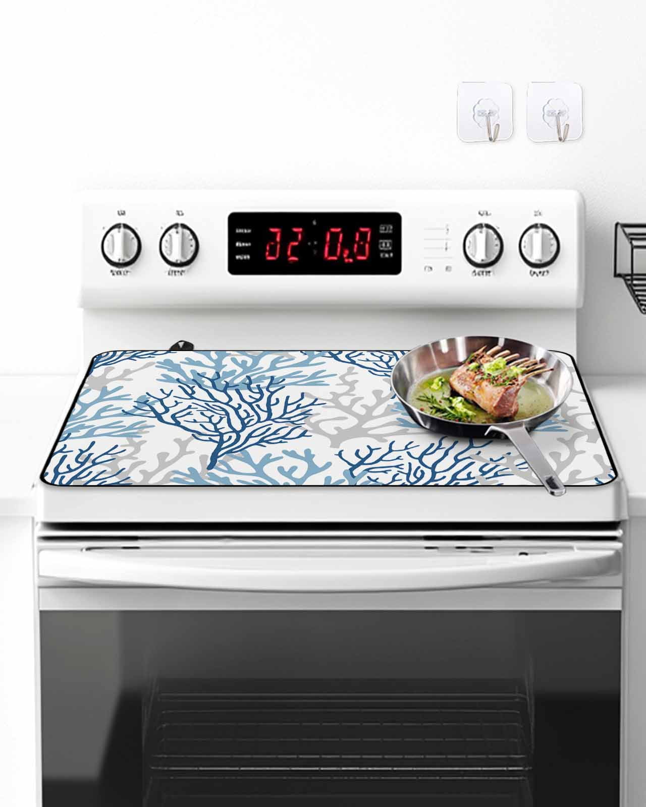 Stove Top Covers for Electric Stove, Navy Blue Coral Coastal Glass Stovetop Cover Protector, Summer Beach Seaside Nautical Induction Cooktop Protector Oven Mat for Kitchen Countertop 24"x21"