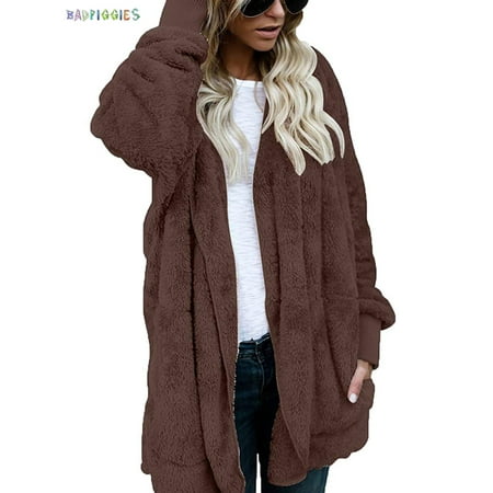 BadPiggies Plus Size Women Hooded Cardigans Fuzzy Fleece Winter Open Front Long Sleeve Solid Jacket Coats Outwear with Pockets (3XL, Coffee)