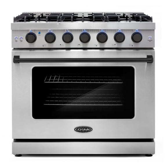 Cosmo 36 in. 6.0 cu. ft. Gas Range, 6 Burners, Convection Oven, Knob LEDs, Stainless Steel, Matte Black Handle Knob Kit