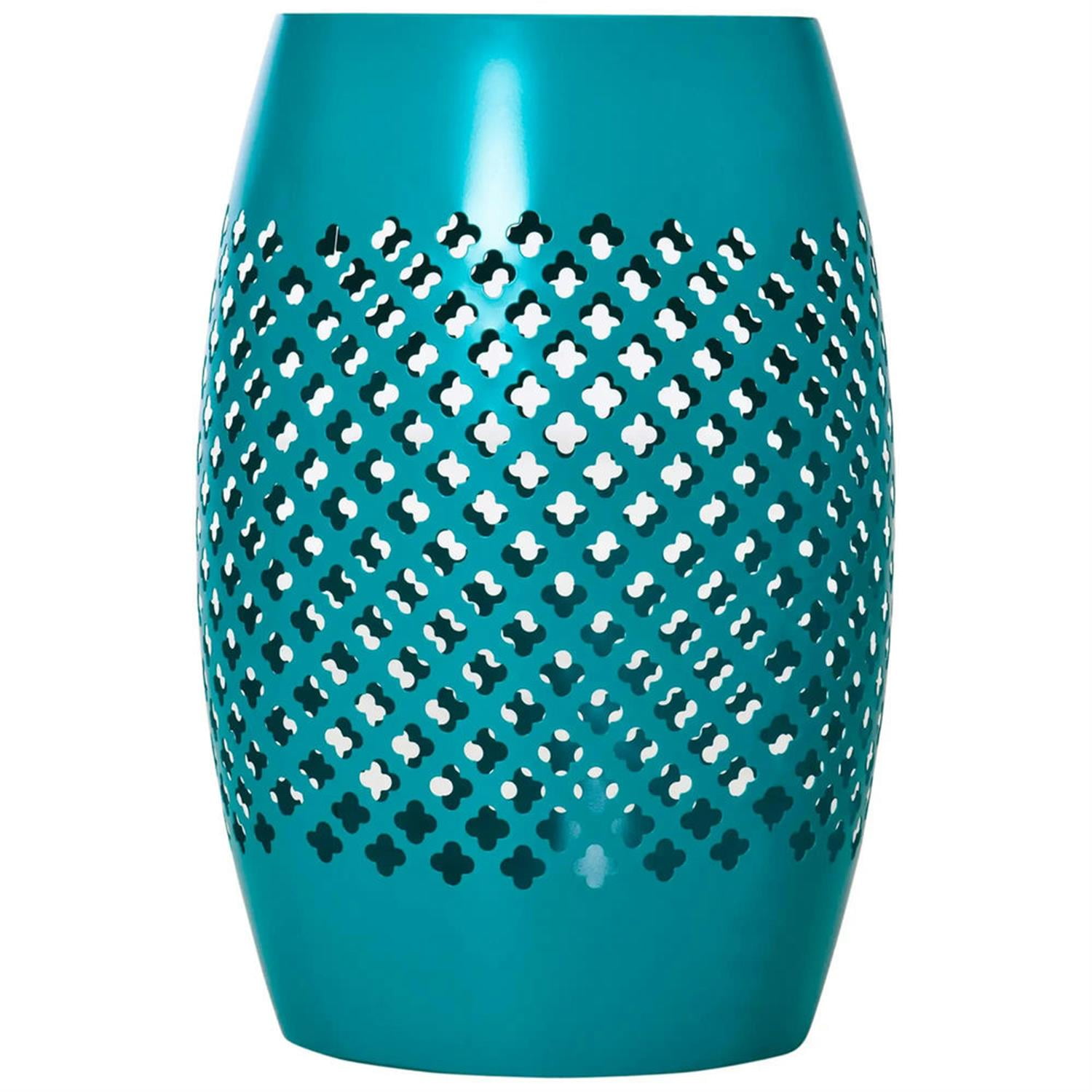 Demi Bonn 12" Steel Outdoor Round Side Table, Decorative Drum End Table, Indoor Outdoor Accent Table for Living Room Deck Garden, Blue